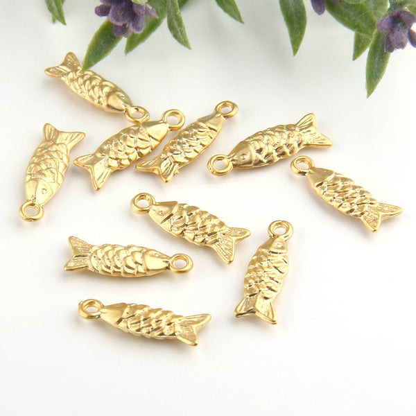 Gold, Mini Fish Charms, Fish Dangles, Animal Charms, 10 pieces // GCh-231