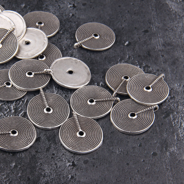 Round Disc Pendant, Flat Disc Pendant, Antique Silver Disc Pendant, Weave Pattern Disc, Round Spiral Disc, 1 pc, 28x33 mm // SP-448