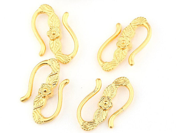 Floral S Shaped Hook Clasps, 22k Matte Gold Plated, 4 pieces - Clasp Supplies // GFND-056